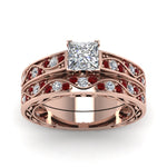 Load image into Gallery viewer, princess-cut-antique-filigree-wedding-ring-set-with-ruby-in-rose-gold-FDENS3543PRGRUDRANGLE5-NL-RG
