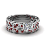 Load image into Gallery viewer, princess-cut-antique-filigree-wedding-ring-set-with-ruby-in-white-gold-FDENS3543PRGRUDR-NL-WG