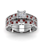 Load image into Gallery viewer, princess-cut-antique-filigree-wedding-ring-set-with-ruby-in-white-gold-FDENS3543PRGRUDRANGLE5-NL-WG

