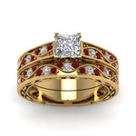 Load image into Gallery viewer, princess-cut-antique-filigree-wedding-ring-set-with-ruby-in-yellow-gold-FDENS3543PRGRUDRANGLE5-NL-YG
