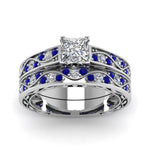 Load image into Gallery viewer, princess-cut-antique-filigree-wedding-ring-set-with-sapphire-in-white-gold-FDENS3543PRGSABLANGLE5-NL-WG