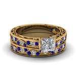 Load image into Gallery viewer, princess-cut-antique-filigree-wedding-ring-set-with-sapphire-in-yellow-gold-FDENS3543PRGSABL-NL-YG