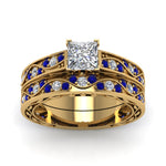 Load image into Gallery viewer, princess-cut-antique-filigree-wedding-ring-set-with-sapphire-in-yellow-gold-FDENS3543PRGSABLANGLE5-NL-YG