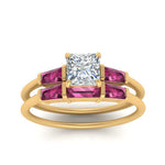 Load image into Gallery viewer, princess-cut-bar-set-pink-sapphire-ring-with-matching-3-baguette-wedding-band-in-FDENS100PRGSADRPI-NL-YG
