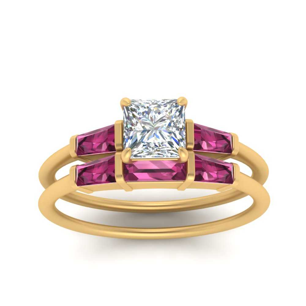 princess-cut-bar-set-pink-sapphire-ring-with-matching-3-baguette-wedding-band-in-FDENS100PRGSADRPI-NL-YG