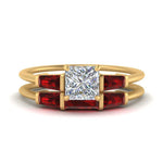 Load image into Gallery viewer, princess-cut-bar-set-ruby-ring-with-matching-3-baguette-wedding-band-in-FDENS100PRGRUDR-NL-YG
