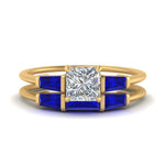 Load image into Gallery viewer, princess-cut-bar-set-sapphire-ring-with-matching-3-baguette-wedding-band-in-FDENS100PRGSABL-NL-YG
