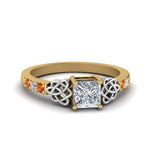 Load image into Gallery viewer, princess-cut-celtic-diamond-ring-with-orange-sapphire-in-14K-yellow-gold-FDENS2255PRRGSAOR-NL-YG_ee510460-fb7f-4163-9761-4d65f9b73d4f

