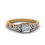 Load image into Gallery viewer, princess-cut-celtic-diamond-ring-with-pink-sapphire-in-14K-yellow-gold-FDENS2255PRRGSADRPI-NL-YG
