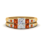 Load image into Gallery viewer, princess-cut-channel-three-stone-diamond-engagement-ring-with-orange-sapphire-in-yellow-gold-FDENS205PRGSAOR-NL-YG.jpg
