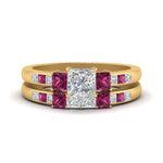 Load image into Gallery viewer, princess-cut-channel-three-stone-diamond-engagement-ring-with-pink-sapphire-in-yellow-gold-FDENS205PRGSADRPI-NL-YG.jpg
