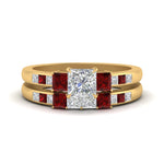 Load image into Gallery viewer, princess-cut-channel-three-stone-diamond-engagement-ring-with-ruby-in-yellow-gold-FDENS205PRGRUDR-NL-YG.jpg
