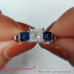Load image into Gallery viewer, princess-cut-channel-three-stone-diamond-engagement-ring-with-sapphire-in-white-gold-FDENS205-2.jpg