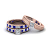 Load image into Gallery viewer, princess-cut-diamond-engraved-trio-matching-diamond-wedding-sets-with-blue-sapphire-in-14K-rose-gold-FD8225TPRGSABL-NL-RG?v=1756184720
