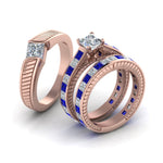 Load image into Gallery viewer, princess-cut-diamond-engraved-trio-matching-diamond-wedding-sets-with-blue-sapphire-in-14K-rose-gold-FD8225TPRGSABLANGLE2-NL-RG?v=1756184720
