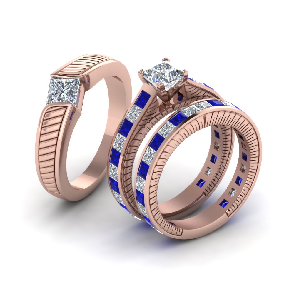 princess-cut-diamond-engraved-trio-matching-diamond-wedding-sets-with-blue-sapphire-in-14K-rose-gold-FD8225TPRGSABLANGLE2-NL-RG?v=1756184720