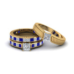 Load image into Gallery viewer, princess-cut-diamond-engraved-trio-matching-diamond-wedding-sets-with-blue-sapphire-in-14K-yellow-gold-FD8225TPRGSABL-NL-YG?v=1756184721
