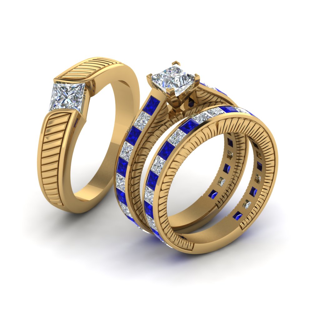 princess-cut-diamond-engraved-trio-matching-diamond-wedding-sets-with-blue-sapphire-in-14K-yellow-gold-FD8225TPRGSABLANGLE2-NL-YG?v=1756184720