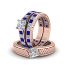 Load image into Gallery viewer, princess-cut-diamond-engraved-trio-matching-diamond-wedding-sets-with-blue-sapphire-in-18K-rose-gold-FD8225TPRGSABLANGLE5-NL-RG?v=1756184721
