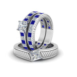 Load image into Gallery viewer, princess-cut-diamond-engraved-trio-matching-diamond-wedding-sets-with-blue-sapphire-in-18K-white-gold-FD8225TPRGSABLANGLE5-NL-WG?v=1756184721
