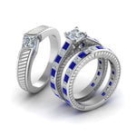 Load image into Gallery viewer, princess-cut-diamond-engraved-trio-matching-diamond-wedding-sets-with-blue-sapphire-in-950-Platinum-FD8225TPRGSABLANGLE2-NL-WG?v=1756184721
