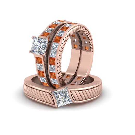 princess-cut-diamond-engraved-trio-matching-diamond-wedding-sets-with-orange-sapphire-in-14K-rose-gold-FD8225TPRGSAORANGLE5-NL-RG?v=1756184720