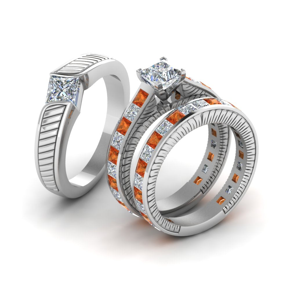 princess-cut-diamond-engraved-trio-matching-diamond-wedding-sets-with-orange-sapphire-in-14K-white-gold-FD8225TPRGSAORANGLE2-NL-WG?v=1756184721