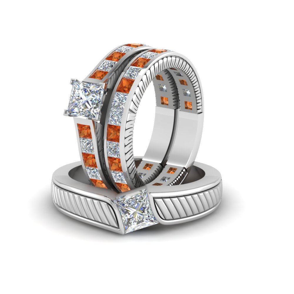 princess-cut-diamond-engraved-trio-matching-diamond-wedding-sets-with-orange-sapphire-in-14K-white-gold-FD8225TPRGSAORANGLE5-NL-WG?v=1756184720