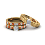 Load image into Gallery viewer, princess-cut-diamond-engraved-trio-matching-diamond-wedding-sets-with-orange-sapphire-in-14K-yellow-gold-FD8225TPRGSAOR-NL-YG?v=1756184720

