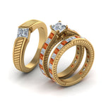 Load image into Gallery viewer, princess-cut-diamond-engraved-trio-matching-diamond-wedding-sets-with-orange-sapphire-in-14K-yellow-gold-FD8225TPRGSAORANGLE2-NL-YG?v=1756184721
