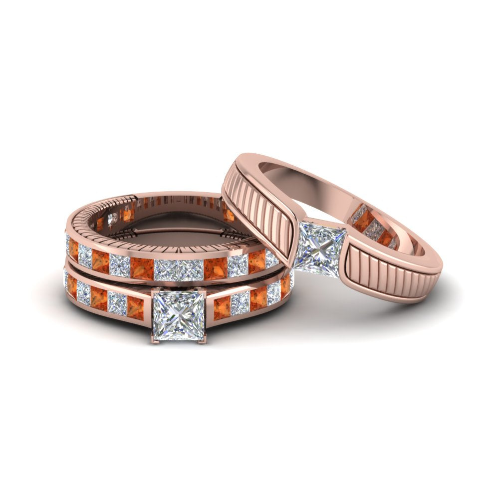 princess-cut-diamond-engraved-trio-matching-diamond-wedding-sets-with-orange-sapphire-in-18K-rose-gold-FD8225TPRGSAOR-NL-RG?v=1756184720
