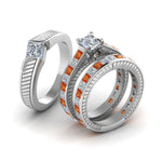 Load image into Gallery viewer, princess-cut-diamond-engraved-trio-matching-diamond-wedding-sets-with-orange-sapphire-in-18K-white-gold-FD8225TPRGSAORANGLE2-NL-WG?v=1756184721
