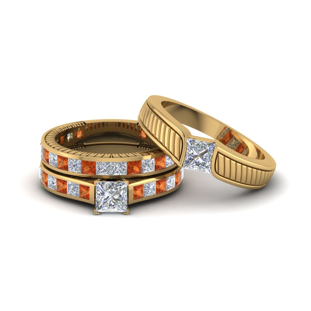 princess-cut-diamond-engraved-trio-matching-diamond-wedding-sets-with-orange-sapphire-in-18K-yellow-gold-FD8225TPRGSAOR-NL-YG?v=1756184721
