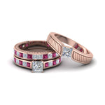Load image into Gallery viewer, princess-cut-diamond-engraved-trio-matching-diamond-wedding-sets-with-pink-sapphire-in-14K-rose-gold-FD8225TPRGSADRPI-NL-RG?v=1756184722
