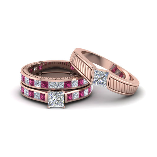 princess-cut-diamond-engraved-trio-matching-diamond-wedding-sets-with-pink-sapphire-in-14K-rose-gold-FD8225TPRGSADRPI-NL-RG?v=1756184722