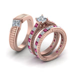 Load image into Gallery viewer, princess-cut-diamond-engraved-trio-matching-diamond-wedding-sets-with-pink-sapphire-in-14K-rose-gold-FD8225TPRGSADRPIANGLE2-NL-RG?v=1756184720
