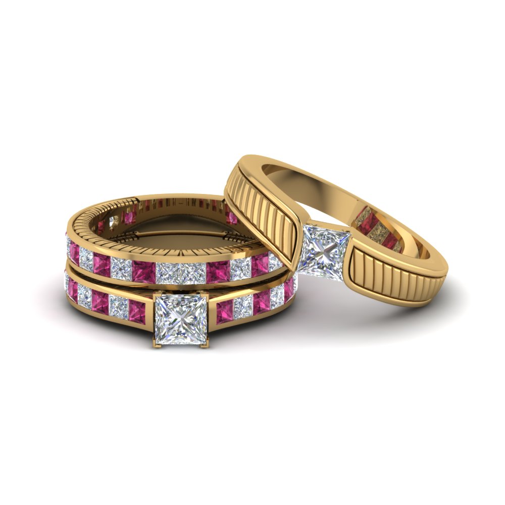 princess-cut-diamond-engraved-trio-matching-diamond-wedding-sets-with-pink-sapphire-in-14K-yellow-gold-FD8225TPRGSADRPI-NL-YG?v=1756184720