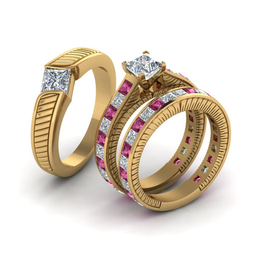 princess-cut-diamond-engraved-trio-matching-diamond-wedding-sets-with-pink-sapphire-in-14K-yellow-gold-FD8225TPRGSADRPIANGLE2-NL-YG?v=1756184721