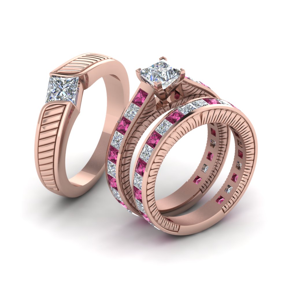 princess-cut-diamond-engraved-trio-matching-diamond-wedding-sets-with-pink-sapphire-in-18K-rose-gold-FD8225TPRGSADRPIANGLE2-NL-RG?v=1756184720