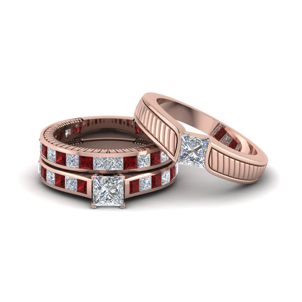 princess-cut-diamond-engraved-trio-matching-diamond-wedding-sets-with-ruby-in-14K-rose-gold-FD8225TPRGRUDR-NL-RG?v=1756184720