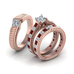 Load image into Gallery viewer, princess-cut-diamond-engraved-trio-matching-diamond-wedding-sets-with-ruby-in-14K-rose-gold-FD8225TPRGRUDRANGLE2-NL-RG?v=1756184721

