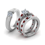 Load image into Gallery viewer, princess-cut-diamond-engraved-trio-matching-diamond-wedding-sets-with-ruby-in-14K-white-gold-FD8225TPRGRUDRANGLE2-NL-WG?v=1756184721
