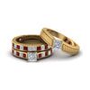 Load image into Gallery viewer, princess-cut-diamond-engraved-trio-matching-diamond-wedding-sets-with-ruby-in-14K-yellow-gold-FD8225TPRGRUDR-NL-YG?v=1756184721