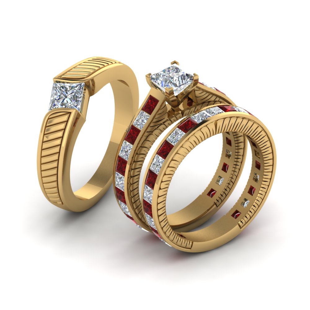 princess-cut-diamond-engraved-trio-matching-diamond-wedding-sets-with-ruby-in-14K-yellow-gold-FD8225TPRGRUDRANGLE2-NL-YG?v=1756184721