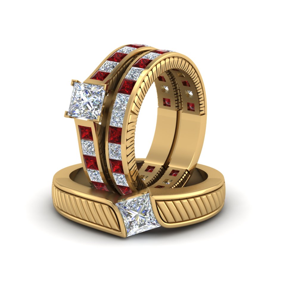 princess-cut-diamond-engraved-trio-matching-diamond-wedding-sets-with-ruby-in-14K-yellow-gold-FD8225TPRGRUDRANGLE5-NL-YG?v=1756184721