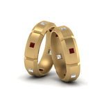 Load image into Gallery viewer, princess-cut-diamond-wedding-bands-for-gay-with-ruby-in-14K-yellow-gold-FDLG8012BGRUDR-NL-YG
