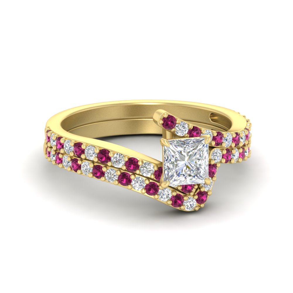 princess-cut-diamond-wedding-ring-set-with-pink-sapphire-in-FDENS3007PRGSADRPI-NL-YG