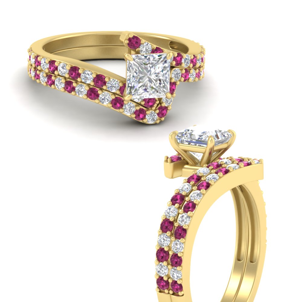 princess-cut-diamond-wedding-ring-set-with-pink-sapphire-in-FDENS3007PRGSADRPI-NL-YG