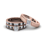Load image into Gallery viewer, princess-cut-engraved-trio-matching-diamond-wedding-sets-with-black-diamond-in-18K-rose-gold-FD8225TPRGBLACK-NL-RG?v=1756184721

