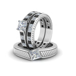 Load image into Gallery viewer, princess-cut-engraved-trio-matching-diamond-wedding-sets-with-black-diamond-in-18K-white-gold-FD8225TPRGBLACKANGLE5-NL-WG?v=1756184721
